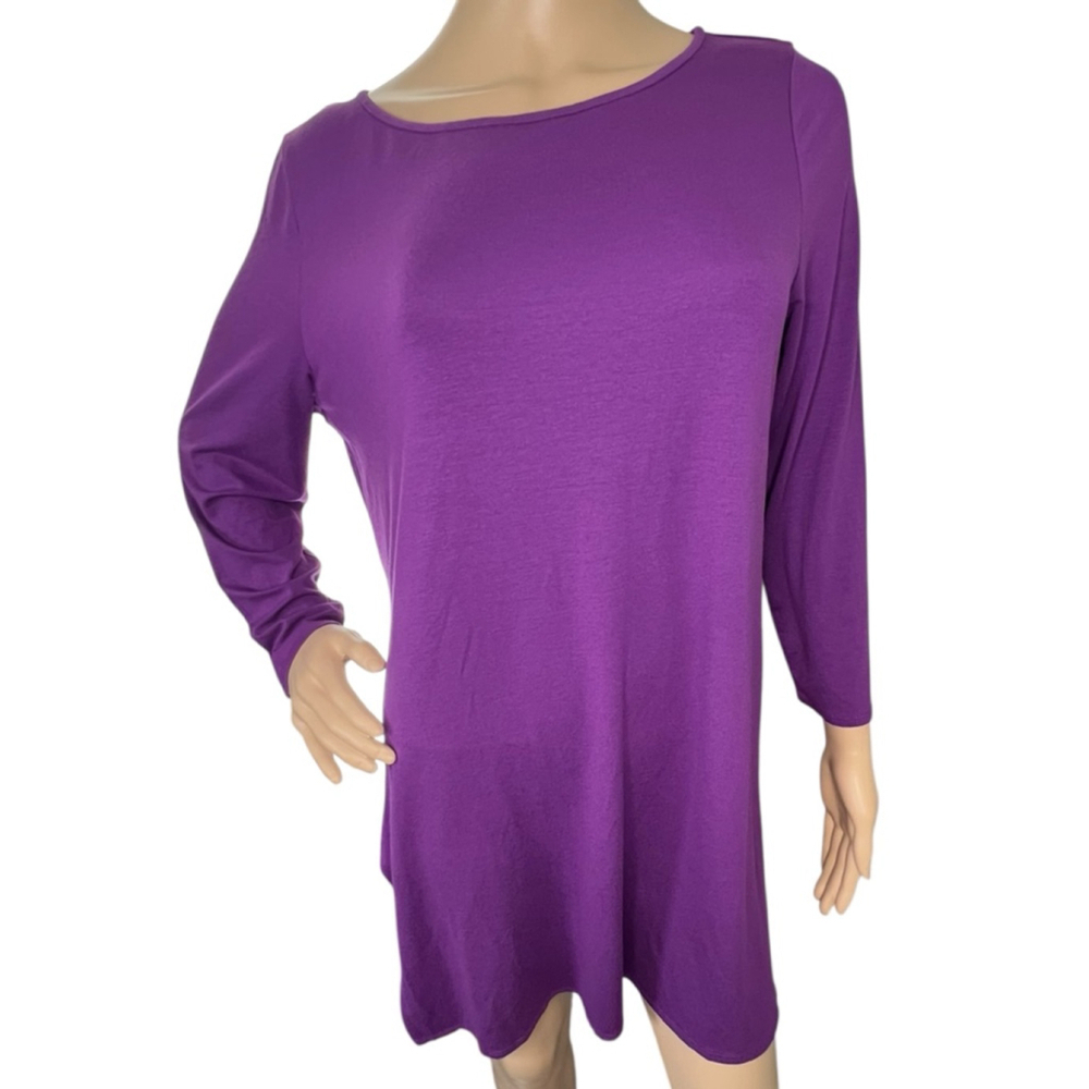 Eileen Fisher Basic Purple Long Sleeve Scoop Neck Mini Tunic Dress